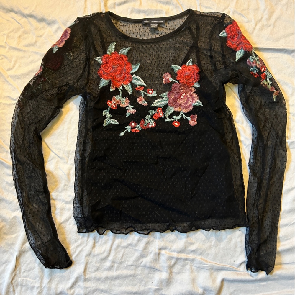 American Eagle Outfitters Black Floral Mesh Top